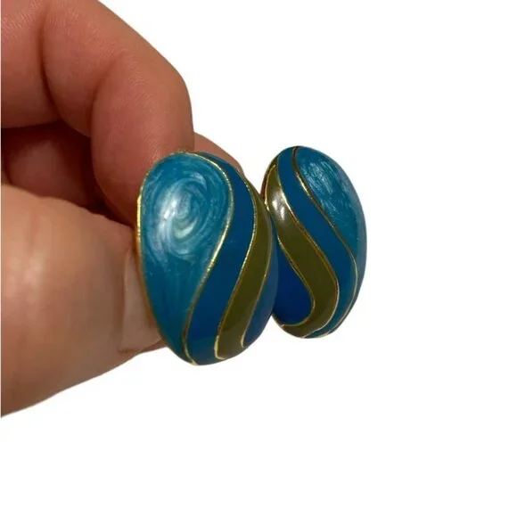 Vintage turquoise & gold enamel striped clip on earrings - 80s enamel clips‎ - Picture 4 of 8